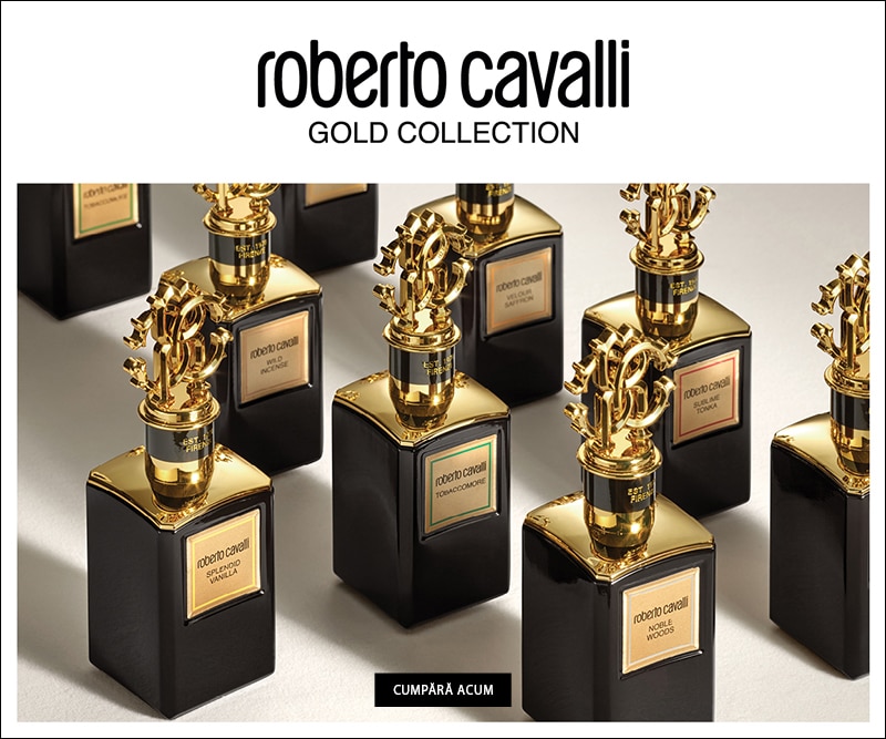 Parfumuri Roberto Cavalli Gold Collection în flacoane negre cu detalii aurii